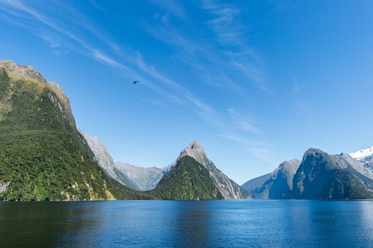 Clear sky in Milford sound, Fjordland national park, south island, New Zealand Clear sky in Milford sound, Fjordland national park, south island, New Zealand